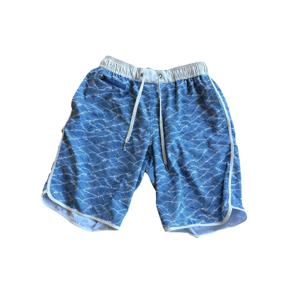 Vuori Cruise Boardshorts Mens Small Blue White Wave Print 4-Way Stretch V330